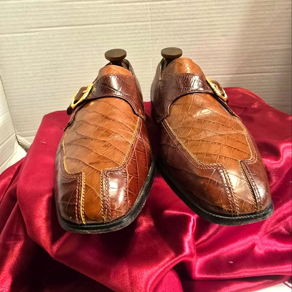 GIORGIO BRUTINI VINTAGE TWO-TONE BUCKLE MEN'S CROCODILE BROWN/TAN SIZE 10